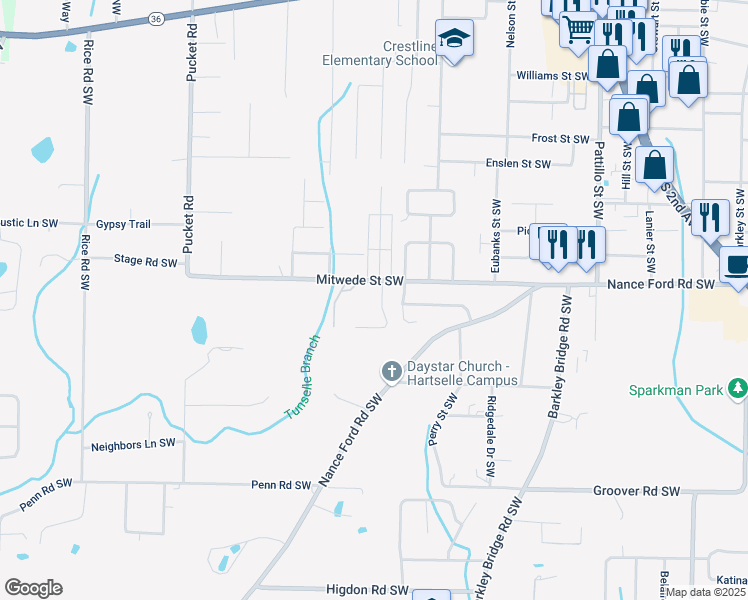 map of restaurants, bars, coffee shops, grocery stores, and more near 1000 Mitwede Street South West in Hartselle