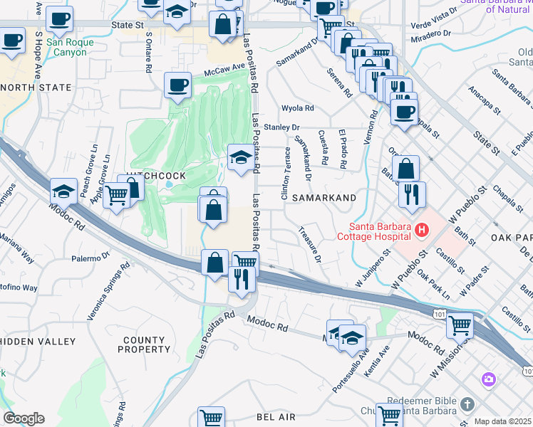 map of restaurants, bars, coffee shops, grocery stores, and more near 221 Romaine Drive in Santa Barbara