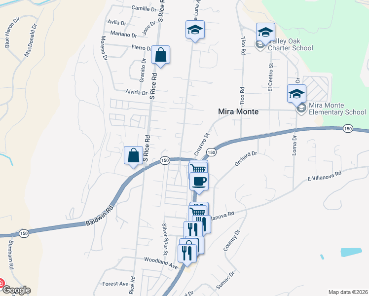 map of restaurants, bars, coffee shops, grocery stores, and more near 1450 South La Luna Avenue in Ojai