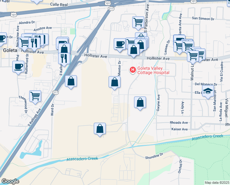 map of restaurants, bars, coffee shops, grocery stores, and more near 301 Mentor Dr in Goleta