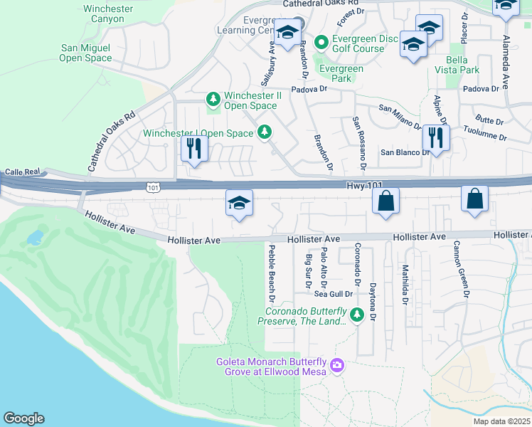 map of restaurants, bars, coffee shops, grocery stores, and more near 7634 Hollister Avenue in Goleta