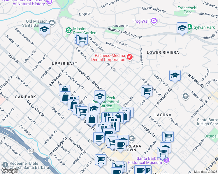 map of restaurants, bars, coffee shops, grocery stores, and more near 1600 Garden Street in Santa Barbara