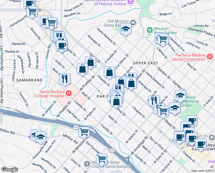 map of restaurants, bars, coffee shops, grocery stores, and more near 2117 Chapala Street in Santa Barbara