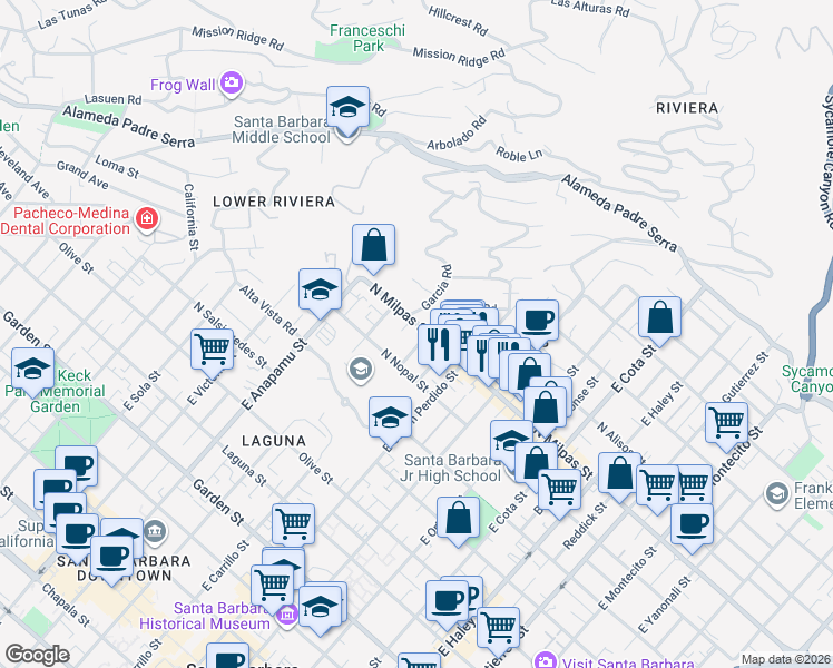 map of restaurants, bars, coffee shops, grocery stores, and more near 1011 North Milpas Street in Santa Barbara