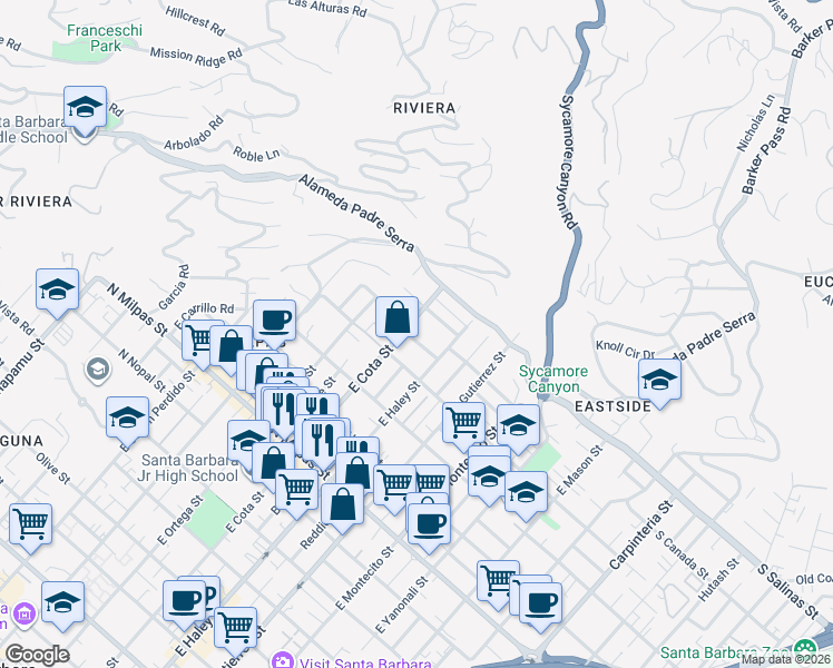 map of restaurants, bars, coffee shops, grocery stores, and more near 528 Casitas Road in Santa Barbara