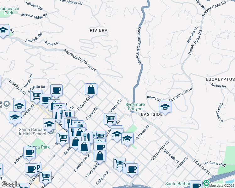 map of restaurants, bars, coffee shops, grocery stores, and more near 419 Alameda Padre Serra in Santa Barbara