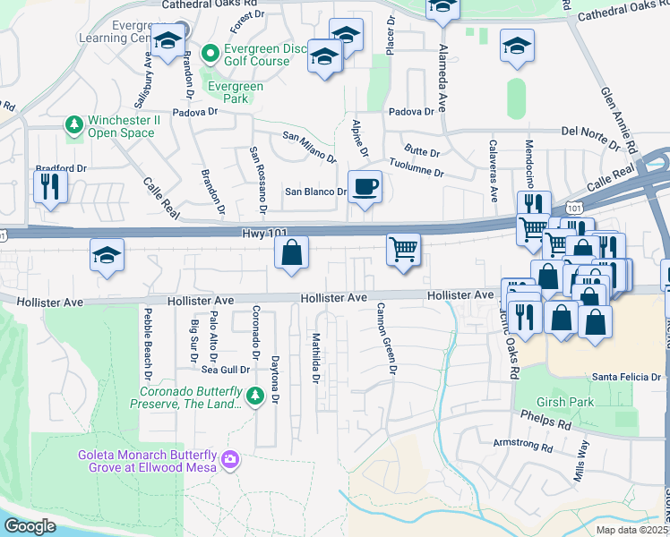 map of restaurants, bars, coffee shops, grocery stores, and more near 75 Ellwood Station Rd in Goleta