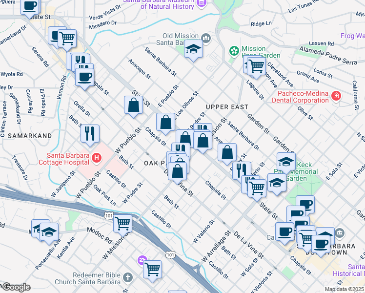 map of restaurants, bars, coffee shops, grocery stores, and more near 21 West Padre Street in Santa Barbara