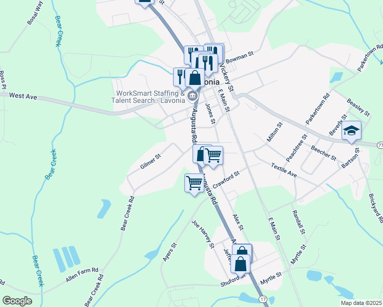 map of restaurants, bars, coffee shops, grocery stores, and more near 12395 Augusta Road in Lavonia