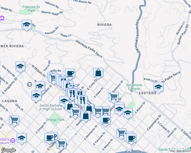 map of restaurants, bars, coffee shops, grocery stores, and more near 1211 East Cota Street in Santa Barbara