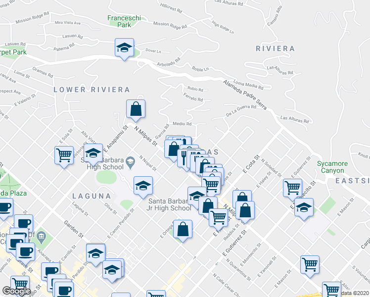 map of restaurants, bars, coffee shops, grocery stores, and more near 929 East Canon Perdido Street in Santa Barbara