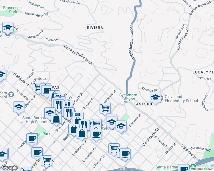 map of restaurants, bars, coffee shops, grocery stores, and more near 502 Chiquita Road in Santa Barbara