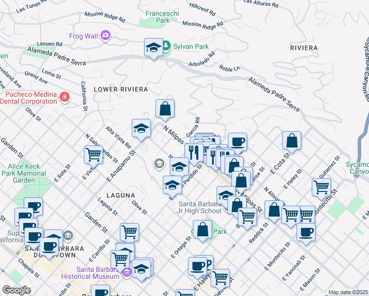 map of restaurants, bars, coffee shops, grocery stores, and more near 1011 North Milpas Street in Santa Barbara