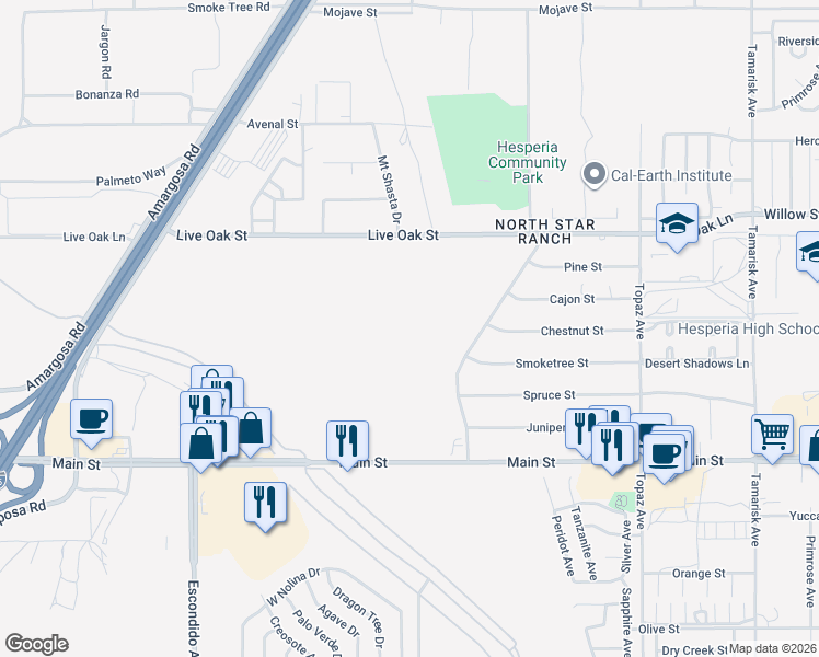 map of restaurants, bars, coffee shops, grocery stores, and more near 9888 Pyrite Avenue in Hesperia