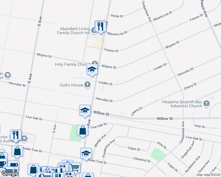 map of restaurants, bars, coffee shops, grocery stores, and more near 17671 Linden Street in Hesperia