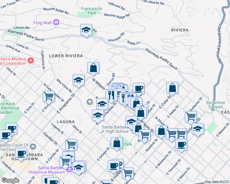 map of restaurants, bars, coffee shops, grocery stores, and more near 925 Spring Street in Santa Barbara