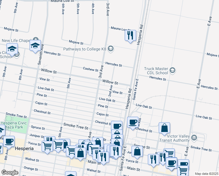 map of restaurants, bars, coffee shops, grocery stores, and more near 9914 2nd Avenue in Hesperia
