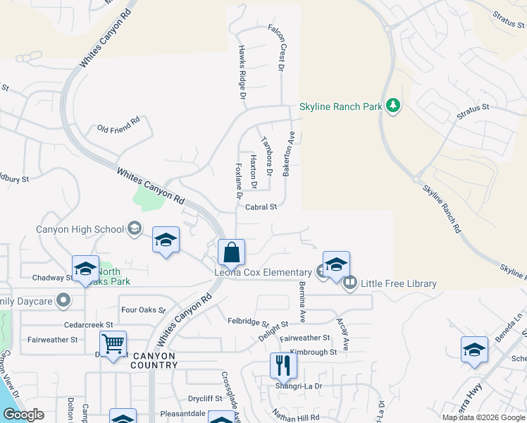 map of restaurants, bars, coffee shops, grocery stores, and more near 18838 Cabral Street in Santa Clarita