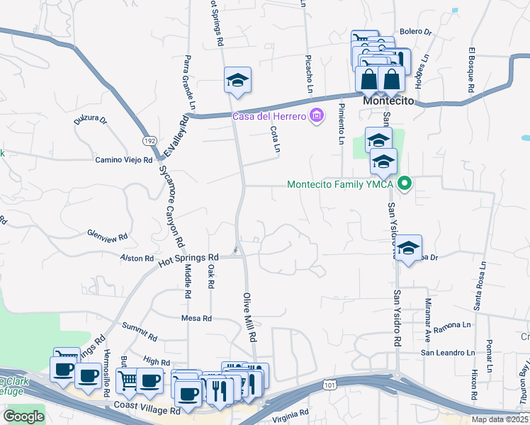 map of restaurants, bars, coffee shops, grocery stores, and more near 370 Hot Springs Road in Montecito