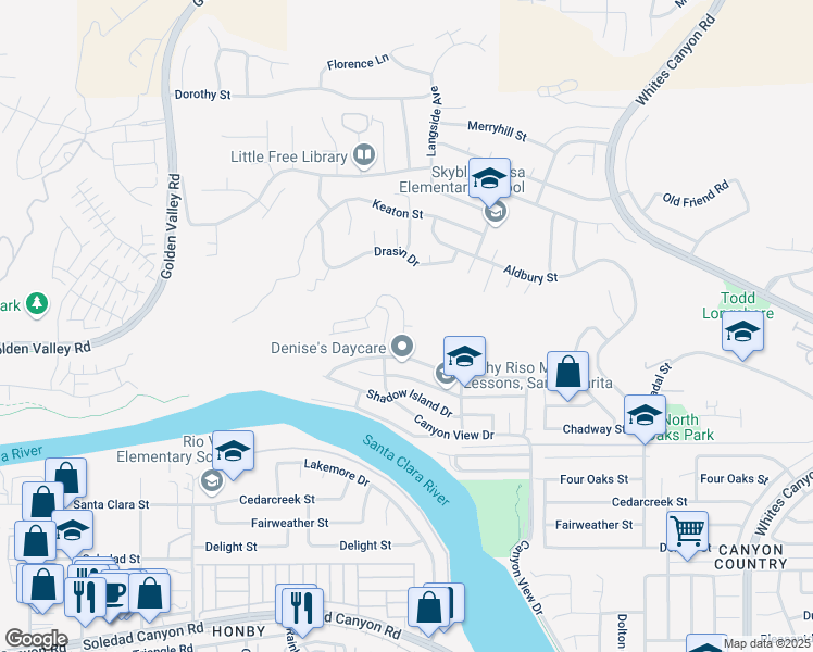 map of restaurants, bars, coffee shops, grocery stores, and more near 20076 Summit View Court in Santa Clarita