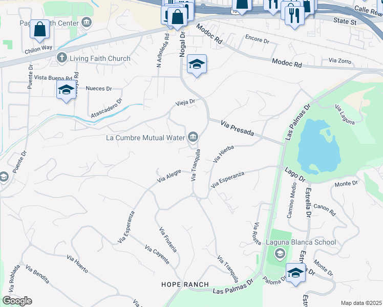 map of restaurants, bars, coffee shops, grocery stores, and more near 691 Via Trepadora in Goleta