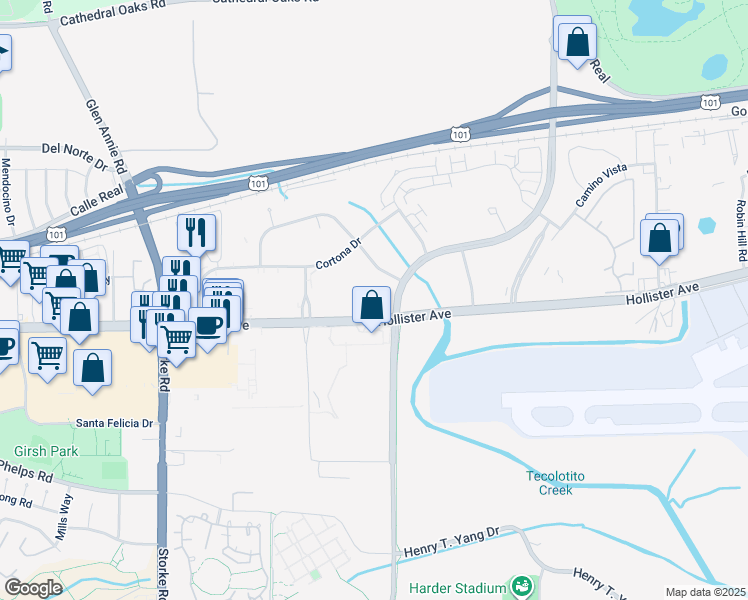 map of restaurants, bars, coffee shops, grocery stores, and more near 149 Castilian Drive in Goleta