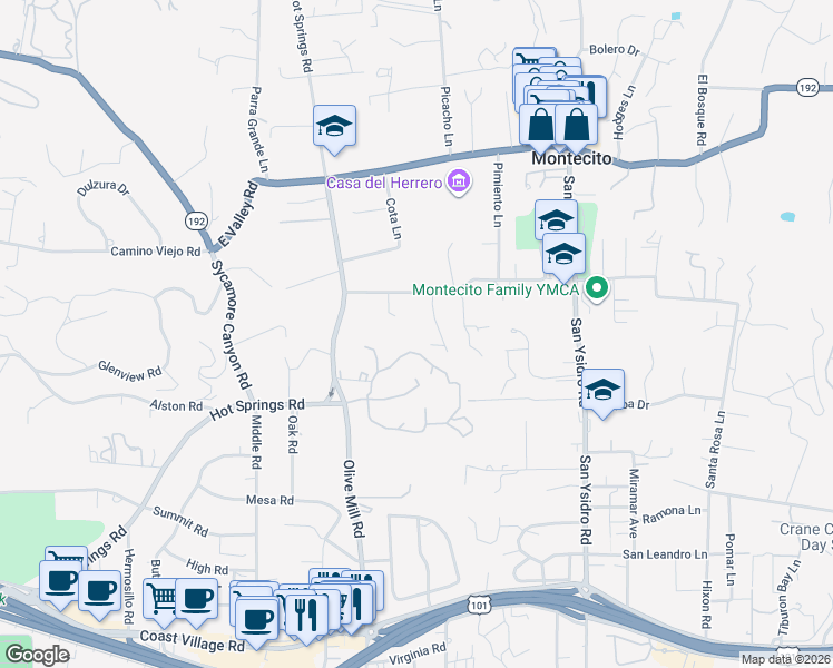 map of restaurants, bars, coffee shops, grocery stores, and more near 1383 School House Road in Montecito