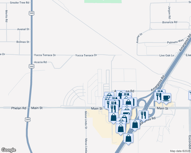 map of restaurants, bars, coffee shops, grocery stores, and more near 12550 Main Street in Hesperia