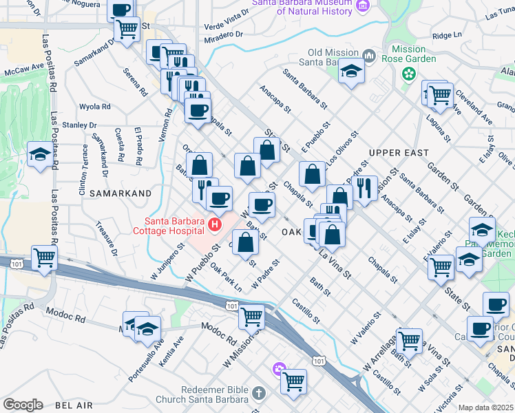 map of restaurants, bars, coffee shops, grocery stores, and more near 215 West Pueblo Street in Santa Barbara