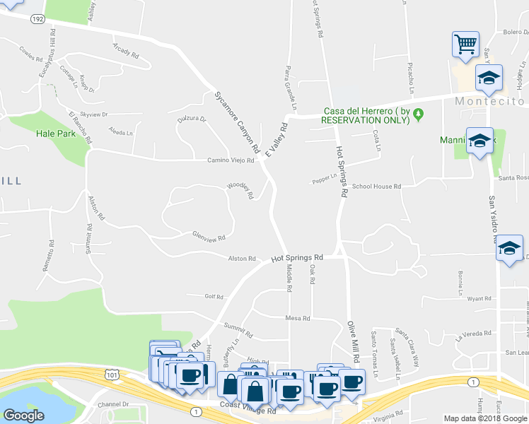 map of restaurants, bars, coffee shops, grocery stores, and more near 2900 Sycamore Canyon Road in Montecito