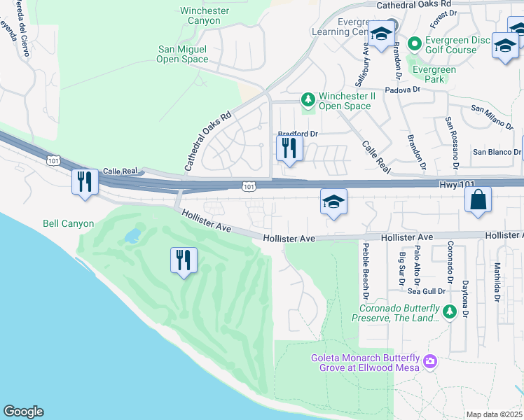 map of restaurants, bars, coffee shops, grocery stores, and more near 205 Sanderling Lane in Goleta