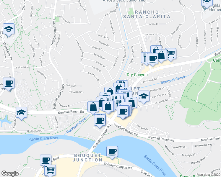 map of restaurants, bars, coffee shops, grocery stores, and more near 26514 Big Horn Way in Santa Clarita