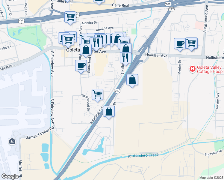 map of restaurants, bars, coffee shops, grocery stores, and more near 62 Asilomar Way in Goleta