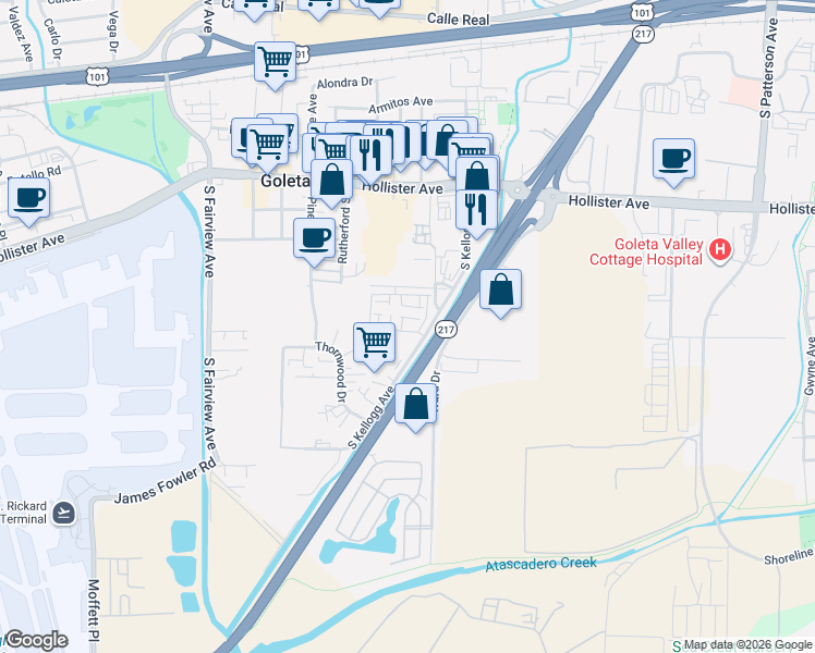 map of restaurants, bars, coffee shops, grocery stores, and more near 75 Townend Place in Goleta