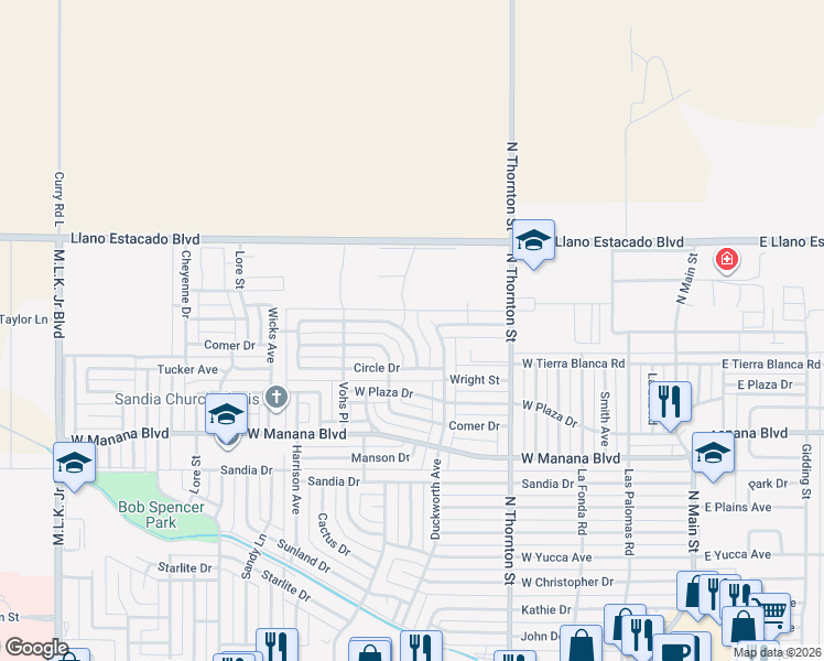 map of restaurants, bars, coffee shops, grocery stores, and more near 604 Circle Drive in Clovis