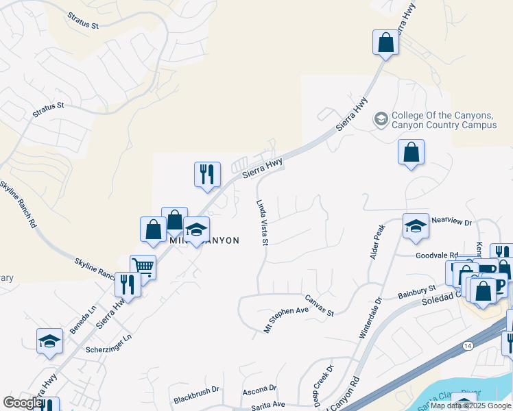 map of restaurants, bars, coffee shops, grocery stores, and more near 28661 Linda Vista Street in Santa Clarita