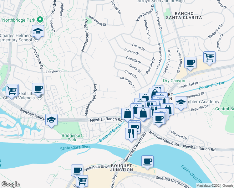 map of restaurants, bars, coffee shops, grocery stores, and more near 23202 Pelham Place in Santa Clarita