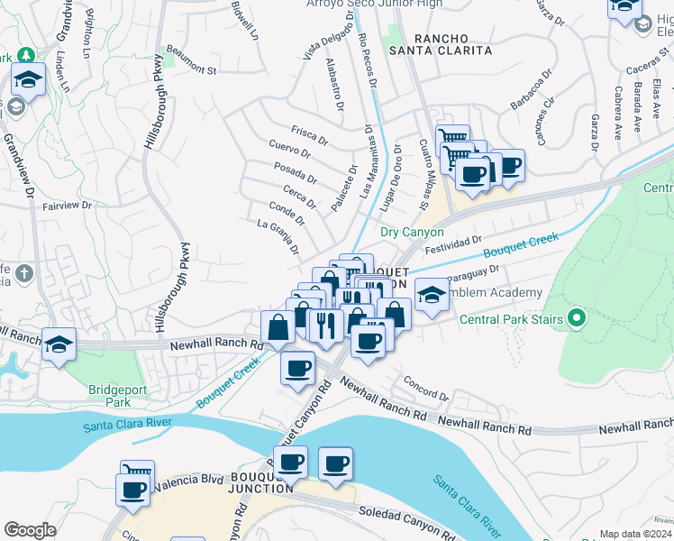 map of restaurants, bars, coffee shops, grocery stores, and more near 26503 Big Horn Way in Santa Clarita