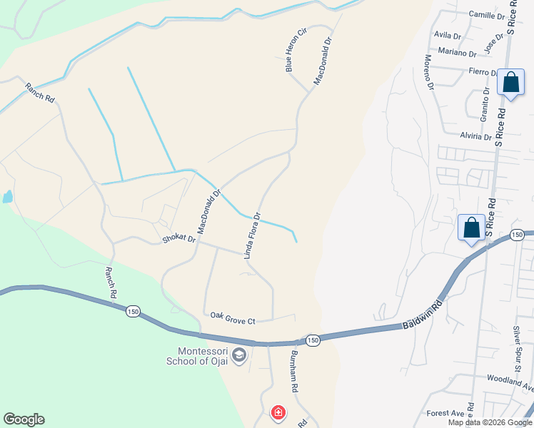 map of restaurants, bars, coffee shops, grocery stores, and more near 12284 Linda Flora Drive in Ojai