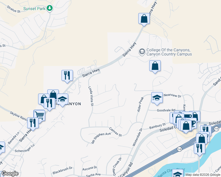 map of restaurants, bars, coffee shops, grocery stores, and more near 17195 Summit Hills Drive in Santa Clarita