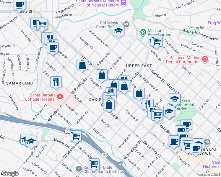 map of restaurants, bars, coffee shops, grocery stores, and more near 19 West Padre Street in Santa Barbara