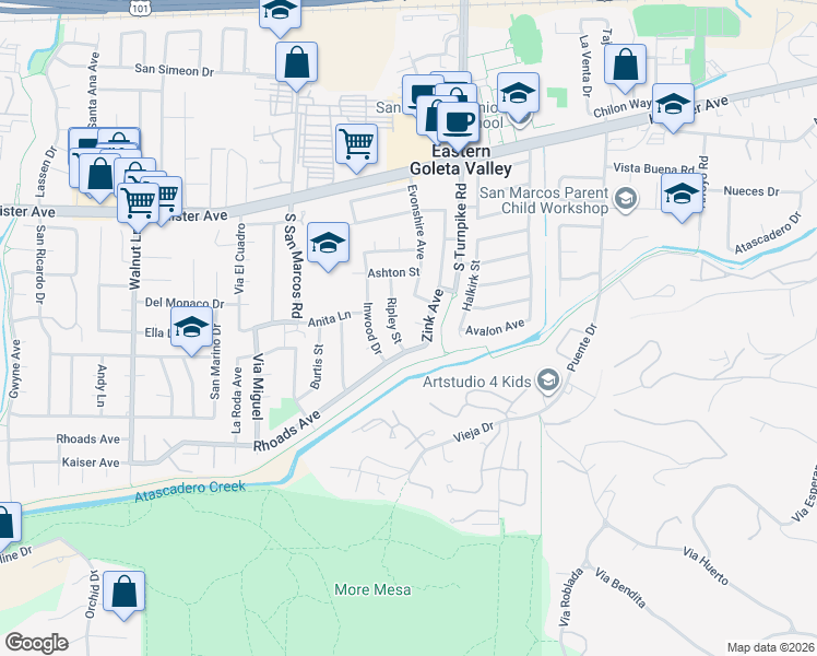map of restaurants, bars, coffee shops, grocery stores, and more near 4841 Zink Place in Santa Barbara