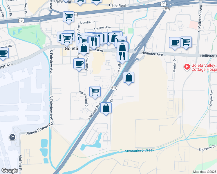 map of restaurants, bars, coffee shops, grocery stores, and more near 62 Asilomar Way in Goleta