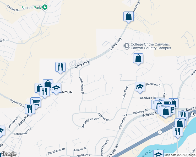 map of restaurants, bars, coffee shops, grocery stores, and more near 17195 Summit Hills Drive in Santa Clarita