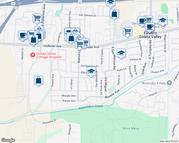 map of restaurants, bars, coffee shops, grocery stores, and more near 5070 Ella Lane in Santa Barbara