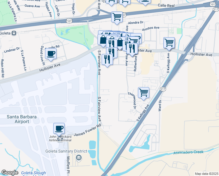 map of restaurants, bars, coffee shops, grocery stores, and more near 5902 Daley Street in Goleta