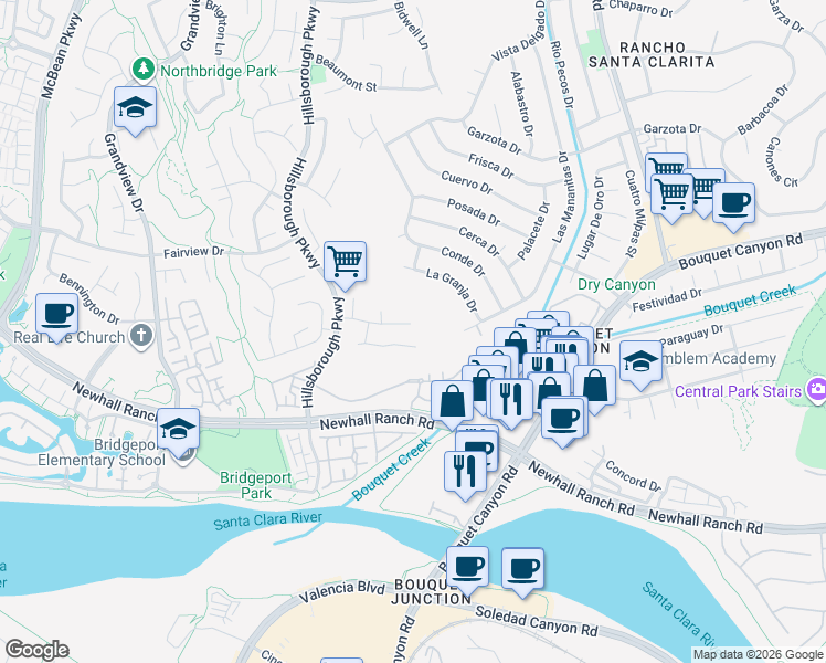 map of restaurants, bars, coffee shops, grocery stores, and more near 23202 Pelham Place in Santa Clarita