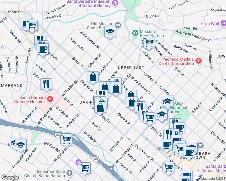 map of restaurants, bars, coffee shops, grocery stores, and more near 2005 State Street in Santa Barbara
