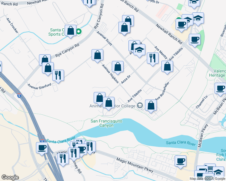 map of restaurants, bars, coffee shops, grocery stores, and more near 25145 Anza Drive in Santa Clarita