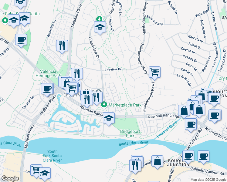 map of restaurants, bars, coffee shops, grocery stores, and more near 27139 Manor Circle in Santa Clarita